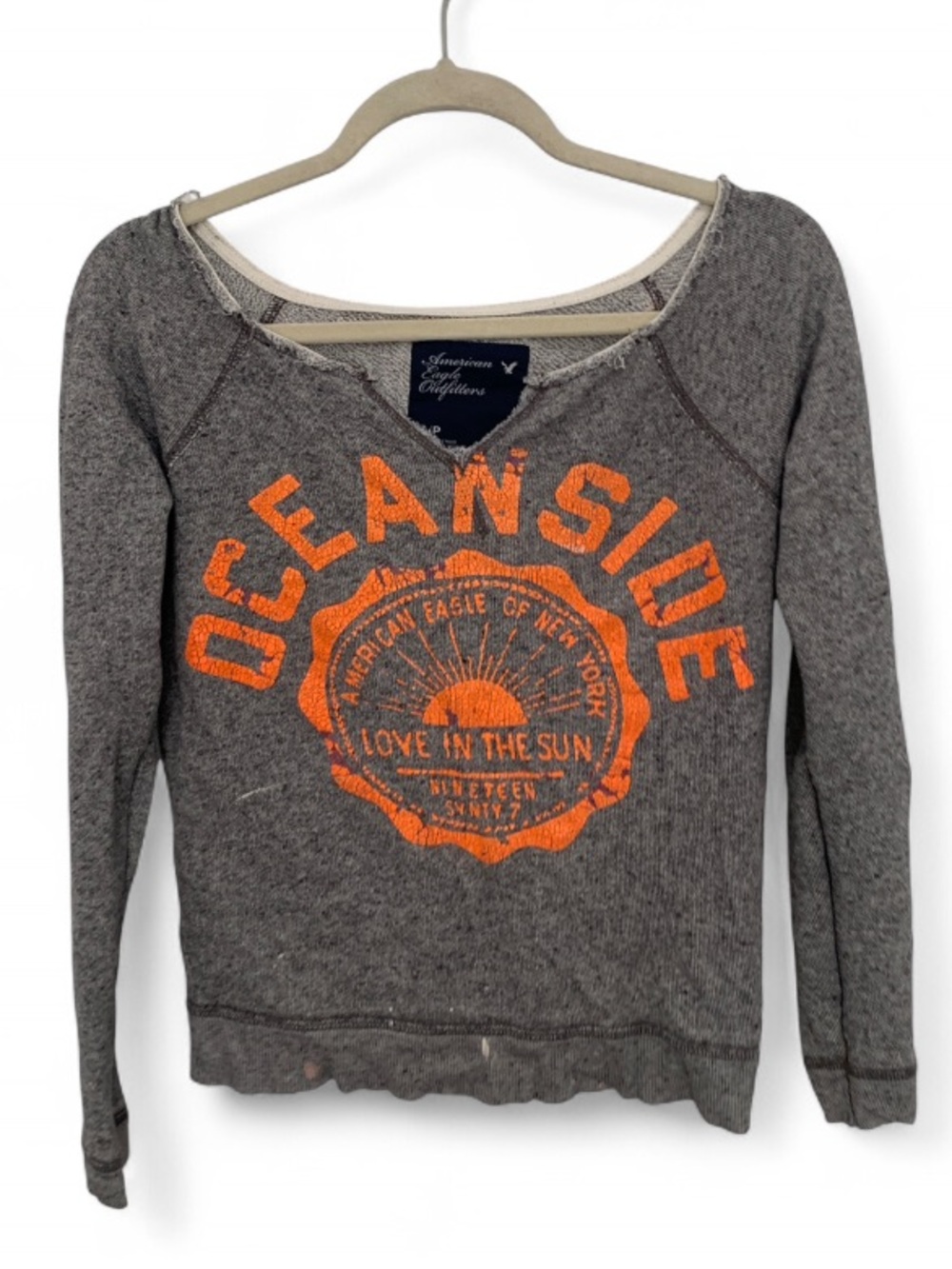 American Eagle Outfitters Gray Sweatshirt with Orange 'Oceanside' Graphic